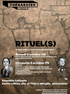 ✨ Très heureux de la reprise de mon SHAMAN ✨
🎻 Œuvre pour alto & percussions, librement inspirée d’un chant rituel chamanique amérindien.
👉 Interprété par l’Ensemble Calliopée
🎼 Karine Lethiec (alto & direction artistique)
🥁 Thierry Miroglio (percussions)
📅 Dimanche 5 octobre 2025
📍 Théâtre Thénardier – Montreuil
🔗 Billetterie & infos : theatre-thenardier.com/agenda/rituels-concert-alto-percu
Un concert-rituel, une rencontre archéo-musicale où création contemporaine et origines de l’art se répondent.
Dans l’intimité du Théâtre Thénardier : musique, échanges avec les artistes et les chercheurs… 
💫 Un voyage sonore à ne pas manquer !
@le_cnm @archeonationale @societe_francaise_de_l_alto @musiquecontemporaine
#SHAMAN #OlivierCalmel #Création #Concert #MusiqueContemporaine #MusiqueClassique #ComposerLife #Montreuil #ThéâtreThénardier
#creation #concert #musee #contemporarymusic #contemporaryartist #music #edition #artchipel #compositeur #composer #contemporarywork #frenchmusic #music4life #composerlife