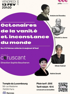 🎶 OCTONAIRES DE LA VANITÉ ET INCONSTANCE DU MONDE 🎶
Pour six voix mixtes a cappella
📍 Temple du Luxembourg – 58 Rue Madame, 75006 Paris
📅 Ce soir 13 février 2025 
Les textes d’Antoine de La Roche de Chandieu, Simon Goulart et Joseph du Chesne résonnent à nouveau aujourd’hui, entre Renaissance et création contemporaine.
Un programme porté avec intensité par l’Ensemble Coruscant, sous la direction de Sophie Boucheron ✨
🎼 Claude Le Jeune // Olivier Calmel
La poésie morale du XVIe siècle retrouve une force et une modernité saisissantes
👥 Avec :
Faustine Rousselet – soprano
Sophie Boucheron – mezzo-soprano
Parvati Maeder Lapointe – alto
Cyrille Lerouge – ténor
Denis Thuillier – baryton
Philippe Roche – basse
👉 Infos : coruscant.eu | oliviercalmel.com
#ConcertCeSoir #OlivierCalmel #EnsembleCoruscant #MusiqueVocale #Renaissance #MusiqueContemporaine #ConcertParis #TempleDuLuxembourg #CreationMusicale #MusiqueClassique