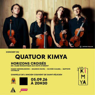 🎶 [CONCERT] 🎻 « LE TAMBOUR DE ROMAIN » par le QUATUOR KIMYA — HORIZONS CROISÉS
De l’aube romantique aux nuits d’Orient
Rendez-vous ce samedi 5 septembre à Saint-Félicien avec le Quatuor Kimya pour un voyage musical entre répertoire romantique, couleurs impressionnistes et sonorités d’Orient.
🔥 Au programme :
* Fanny Mendelssohn — Quatuor à cordes en mi bémol majeur
• Olivier Calmel — Le Tambour de Romain (Éditions Musicales Artchipel, Commande du Festival Terres Vibrantes)
Cette œuvre retrace l'histoire d'un rythme insoumis. Romain, esclave insurgé de Martinique, frappait son tambour comme on affirme sa liberté. Un battement porteur de résistance et de souffle, réincarné ici à travers la puissance des cordes.
* Baptiste Cathelin — Les Arabesques d’or 
* Maurice Ravel — Quatuor à cordes en fa majeur
📍 Chapelle de l’Ancien Couvent — Saint-Félicien
📅 Samedi 5 septembre 2026
🕣 20h30
🎻 Quatuor Kimya :
François Pineau-Benois & Clémentine Bousquet (violons), Olivier Marin (alto), Alice Picaud (violoncelle).
👉 Écouter et en savoir plus sur la pièce : www.oliviercalmel.com/oeuvres/le-tambour-de-romain
Avec le soutien de la Mairie de Saint-Félicien, de la SACEM et de Blackpingooprod.
#LeTambourDeRomain #OlivierCalmel #QuatuorKimya #SaintFélicien #CréationMusicale #MusiqueContemporaine #QuatuorÀCordes #MémoireEtRésistance #MusiqueDeChambre #FestivalTerresVibrantes