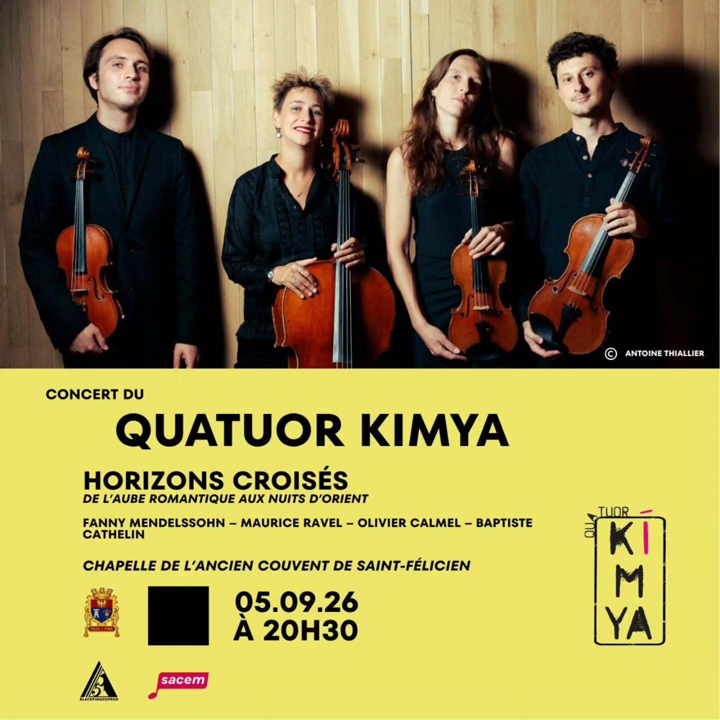 🎶 [CONCERT] 🎻 « LE TAMBOUR DE ROMAIN » par le QUATUOR KIMYA — HORIZONS CROISÉS
De l’aube romantique aux nuits d’Orient
Rendez-vous ce samedi 5 septembre à Saint-Félicien avec le Quatuor Kimya pour un voyage musical entre répertoire romantique, couleurs impressionnistes et sonorités d’Orient.
🔥 Au programme :
* Fanny Mendelssohn — Quatuor à cordes en mi bémol majeur
• Olivier Calmel — Le Tambour de Romain (Éditions Musicales Artchipel, Commande du Festival Terres Vibrantes)
Cette œuvre retrace l'histoire d'un rythme insoumis. Romain, esclave insurgé de Martinique, frappait son tambour comme on affirme sa liberté. Un battement porteur de résistance et de souffle, réincarné ici à travers la puissance des cordes.
* Baptiste Cathelin — Les Arabesques d’or 
* Maurice Ravel — Quatuor à cordes en fa majeur
📍 Chapelle de l’Ancien Couvent — Saint-Félicien
📅 Samedi 5 septembre 2026
🕣 20h30
🎻 Quatuor Kimya :
François Pineau-Benois & Clémentine Bousquet (violons), Olivier Marin (alto), Alice Picaud (violoncelle).
👉 Écouter et en savoir plus sur la pièce : www.oliviercalmel.com/oeuvres/le-tambour-de-romain
Avec le soutien de la Mairie de Saint-Félicien, de la SACEM et de Blackpingooprod.
#LeTambourDeRomain #OlivierCalmel #QuatuorKimya #SaintFélicien #CréationMusicale #MusiqueContemporaine #QuatuorÀCordes #MémoireEtRésistance #MusiqueDeChambre #FestivalTerresVibrantes